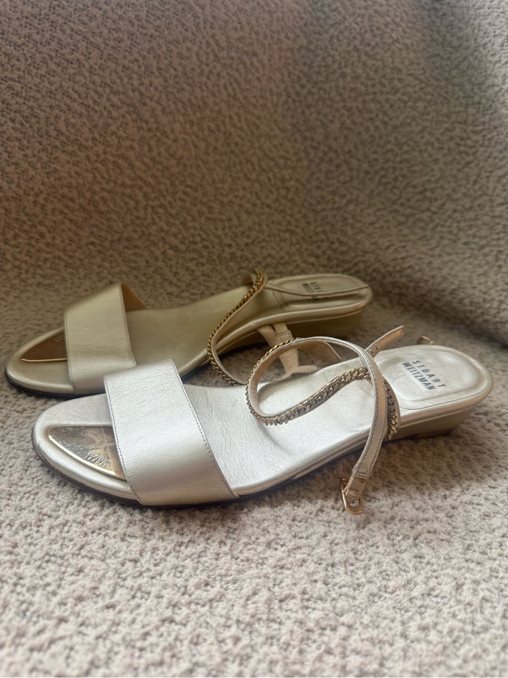 Stuart Weitzman Metallic Gold Braided Ankle Strap Slide Sandals womens 7.5